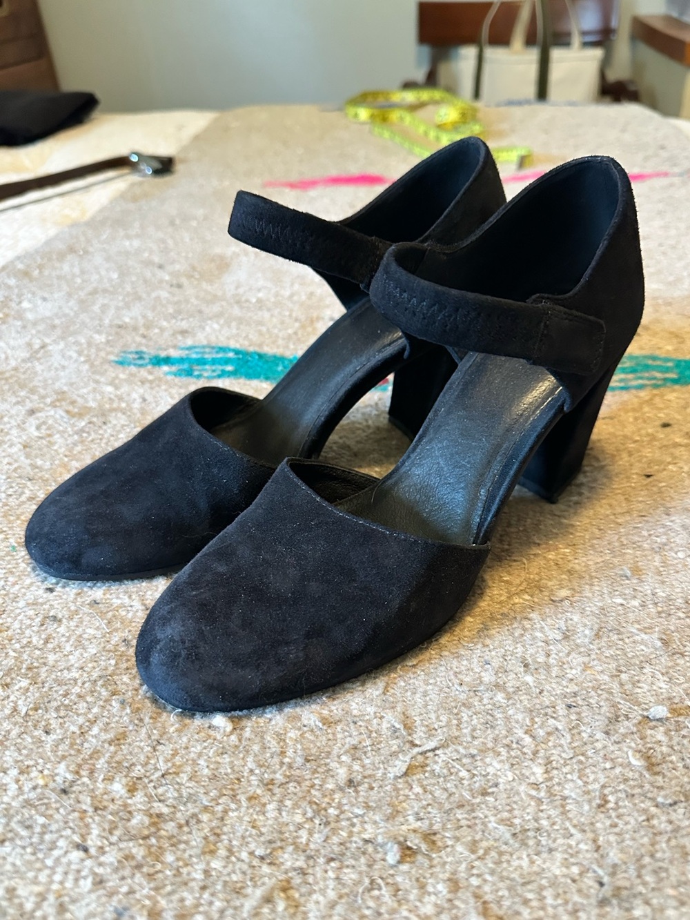 Eileen Fisher Black Suede Mary Jane Block Heel Pumps